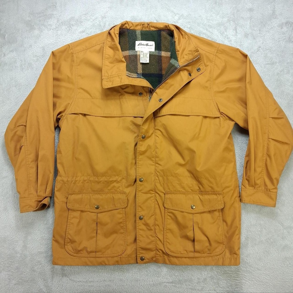 Eddie Bauer Mens Large Field Jacket Mustard Yellow Plaid Wool Lined Utility Coat